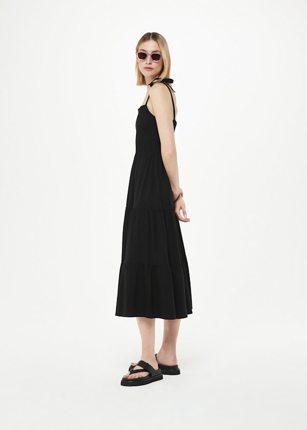 Black Smocked Tiered Jersey Dress