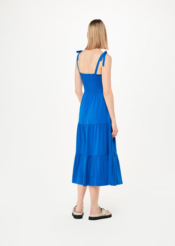 Blue Smocked Tiered Jersey Dress