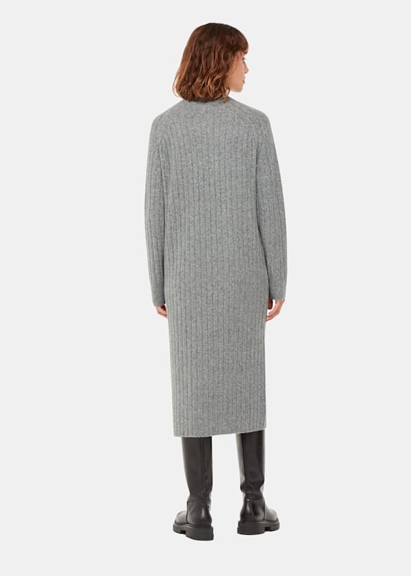 Grey Ribbed Knitted Midi Dress
