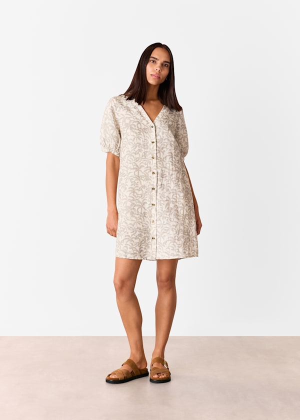 Ivory Palm Print Linen Blend Dress
