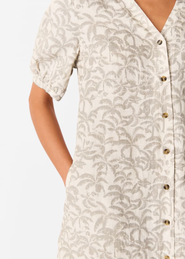 Ivory Palm Print Linen Blend Dress