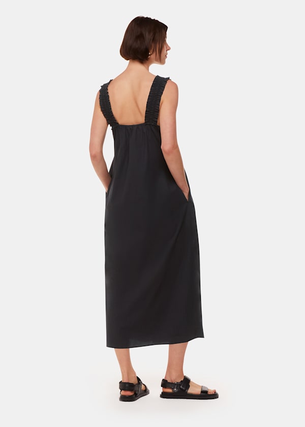 Black Ruffle Strap Poplin Midi Dress
