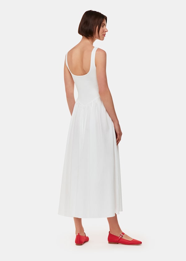 White Poplin Cotton Mix Midi Dress
