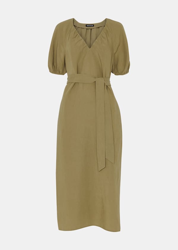 Khaki Ariella Linen Blend Midi Dress