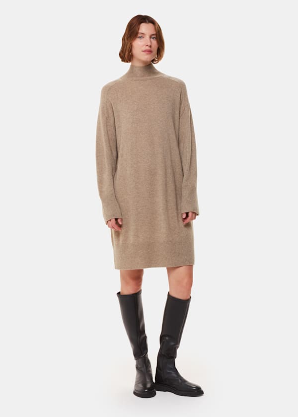 Oatmeal Cashmere Mock Neck Sweater Dress