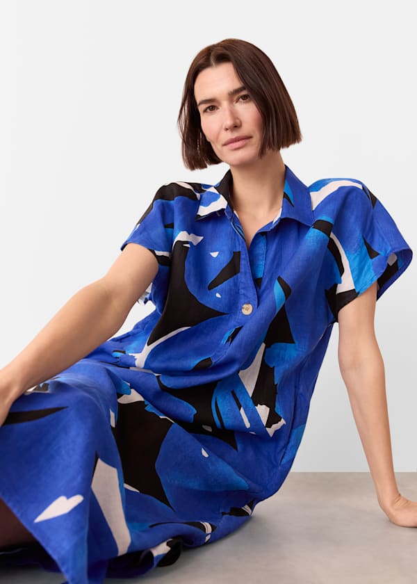 Blue Abstract Blooms Linen Dress