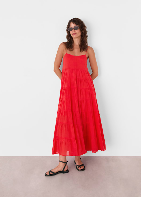 Red Cotton Tiered Maxi Sun Dress