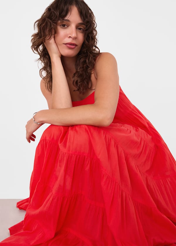 Red Cotton Tiered Maxi Sun Dress