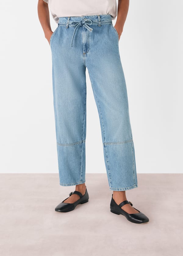 Light Wash Tie Waist Barrel Leg Jean