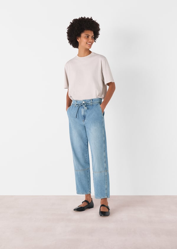 Light Wash Tie Waist Barrel Leg Jean