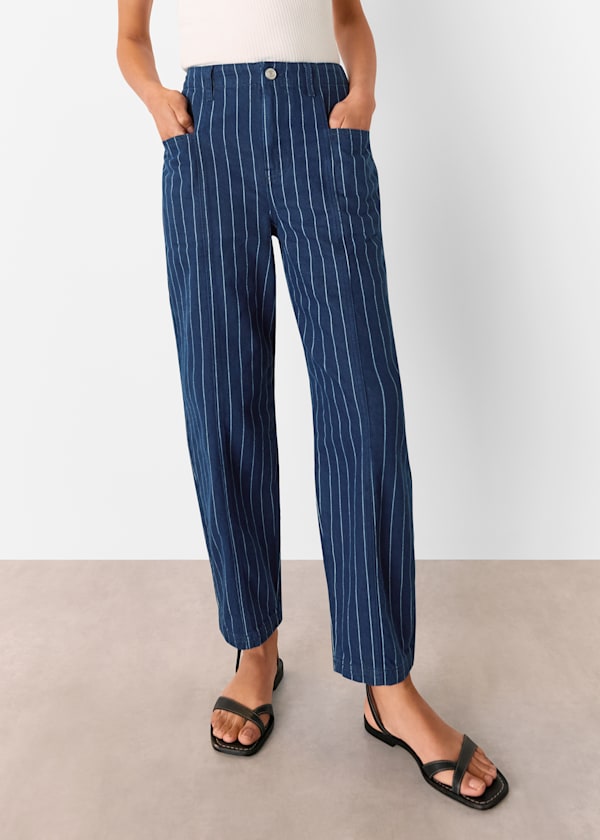 Navy Pinstripe Barrel Leg Jean