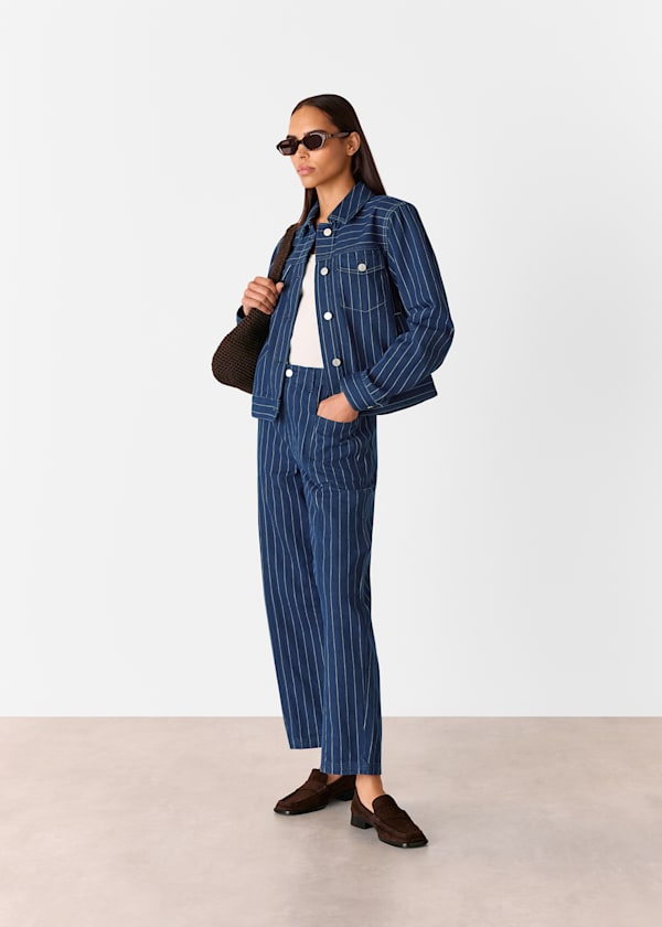 Navy Pinstripe Barrel Leg Jean