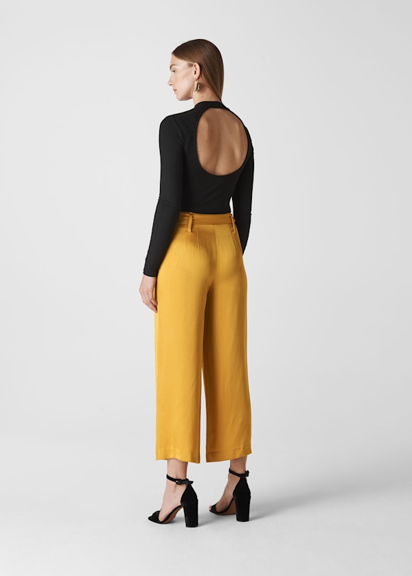 Gold Satin Belted Wide Leg Pants 