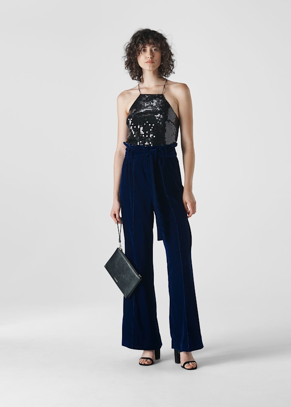 Blue Tie Waist Velvet Pants 