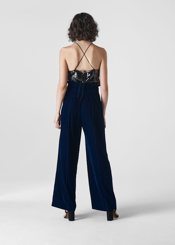 Blue Tie Waist Velvet Pants 