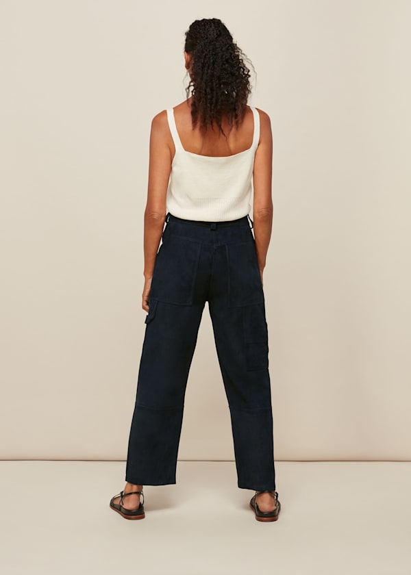 Navy Suede Leather Cargo Trouser