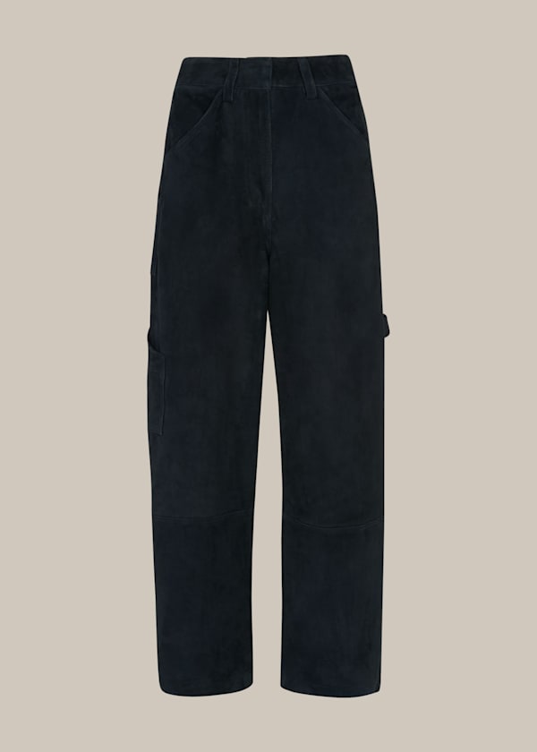 Navy Suede Leather Cargo Pants 