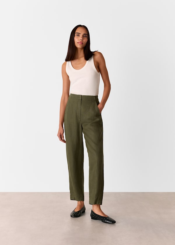 Khaki Linen Barrel Leg Pants 