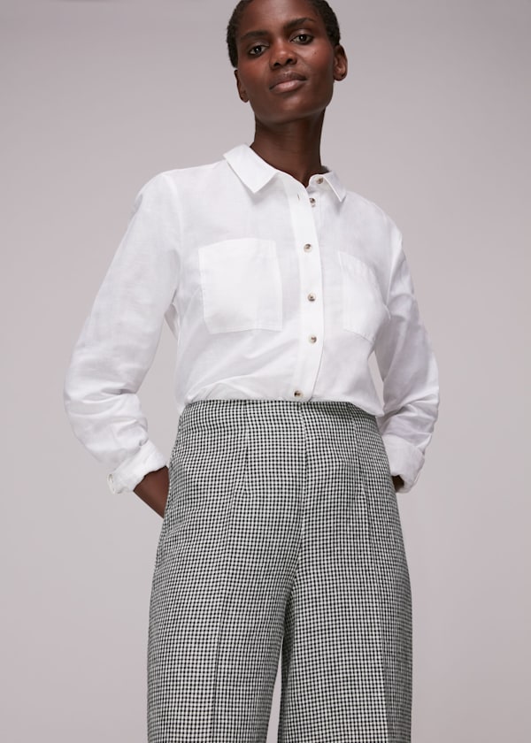 Navy Checked Linen Crop Pants 