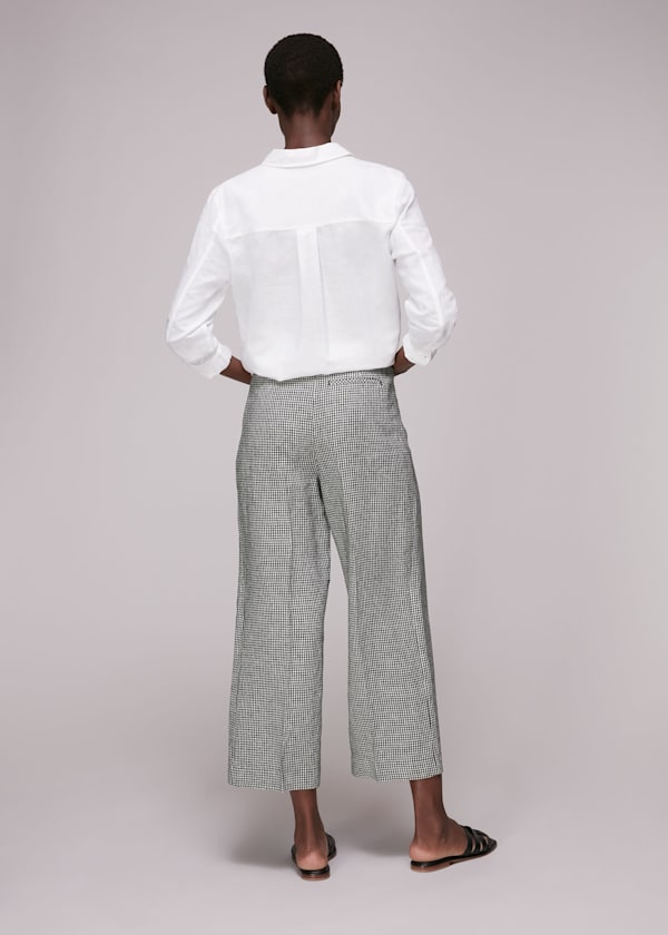 Navy Checked Linen Crop Pants 