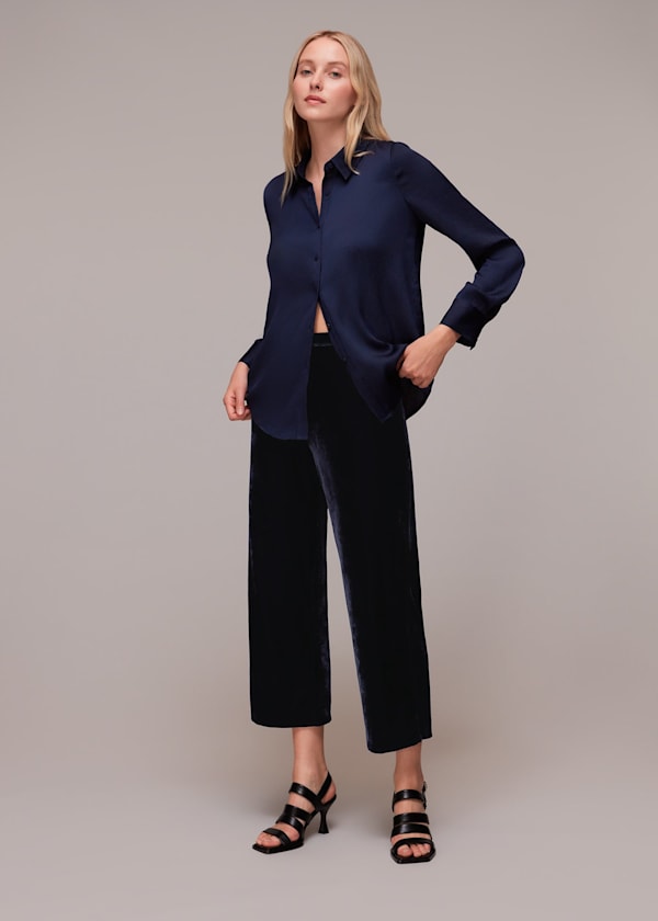 Navy Velvet Wide Leg Crop Trouser