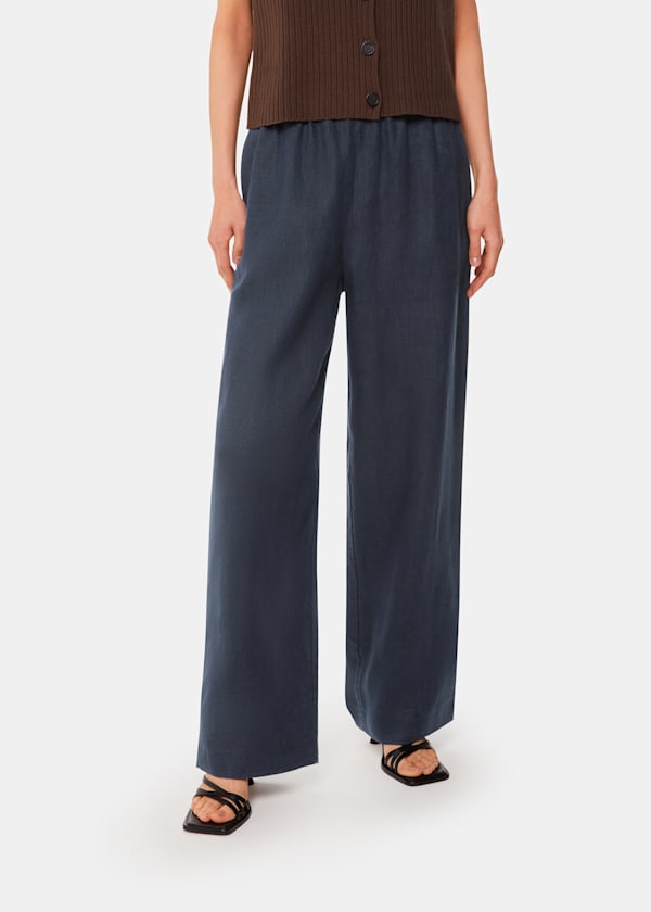 Navy Elasticated Linen Trouser