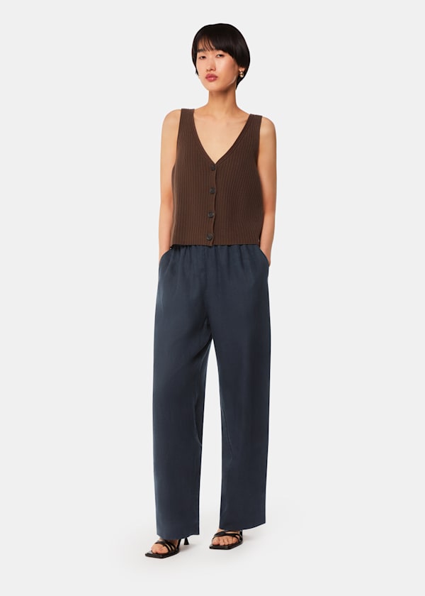 Navy Elasticated Linen Trouser