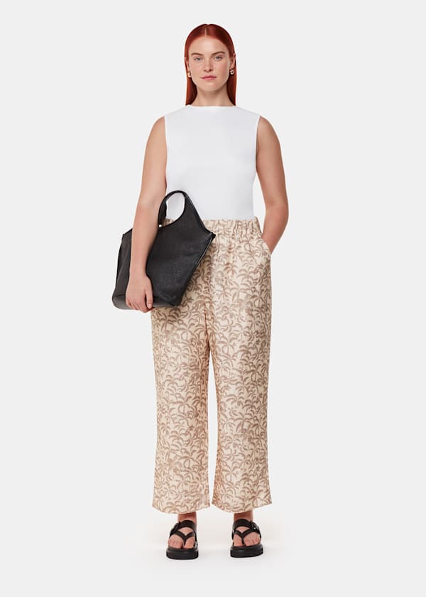 Ivory Palm Print Linen Blend Trouser
