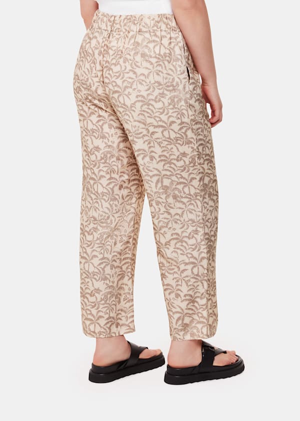 Ivory Palm Print Linen Blend Trouser