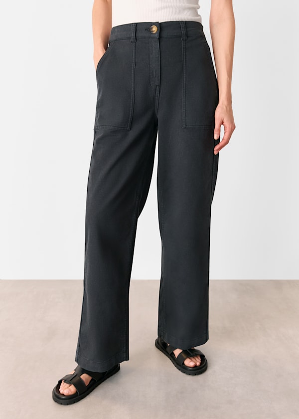 Washed Black Cotton Wide Leg Trouser