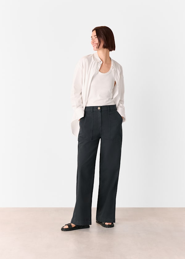 Washed Black Cotton Wide Leg Trouser
