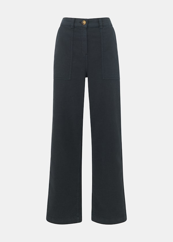 Washed Black Cotton Wide Leg Trouser