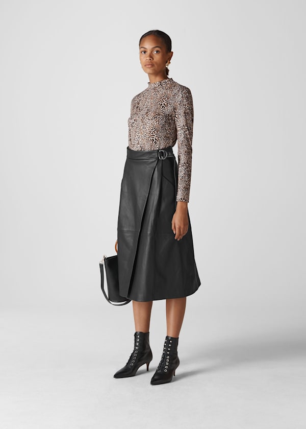 Black Leather Wrap Midi Skirt