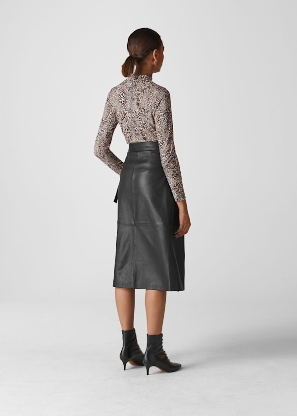 Black Leather Wrap Midi Skirt