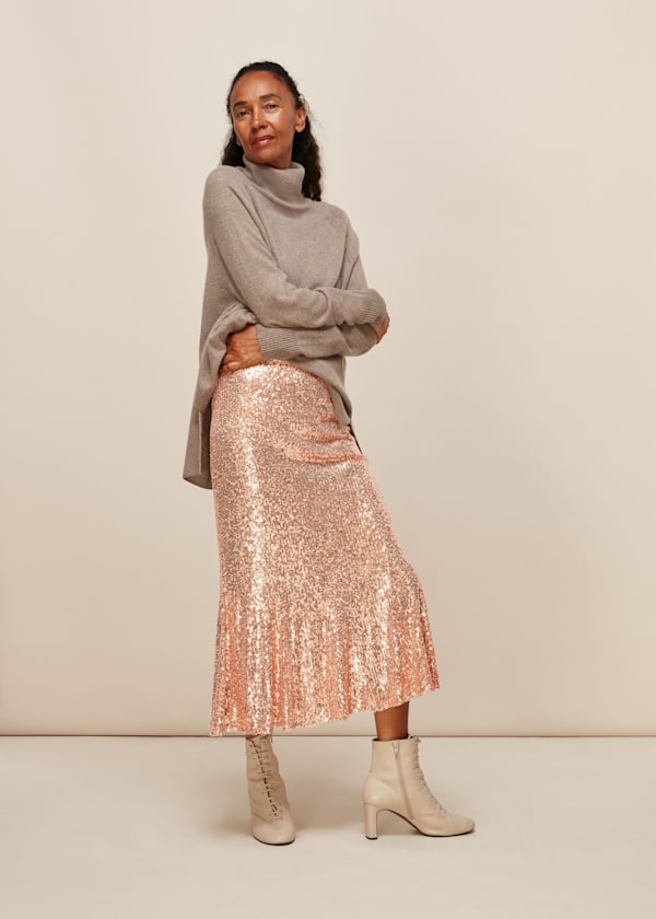 Champagne Sequin Midi Skirt