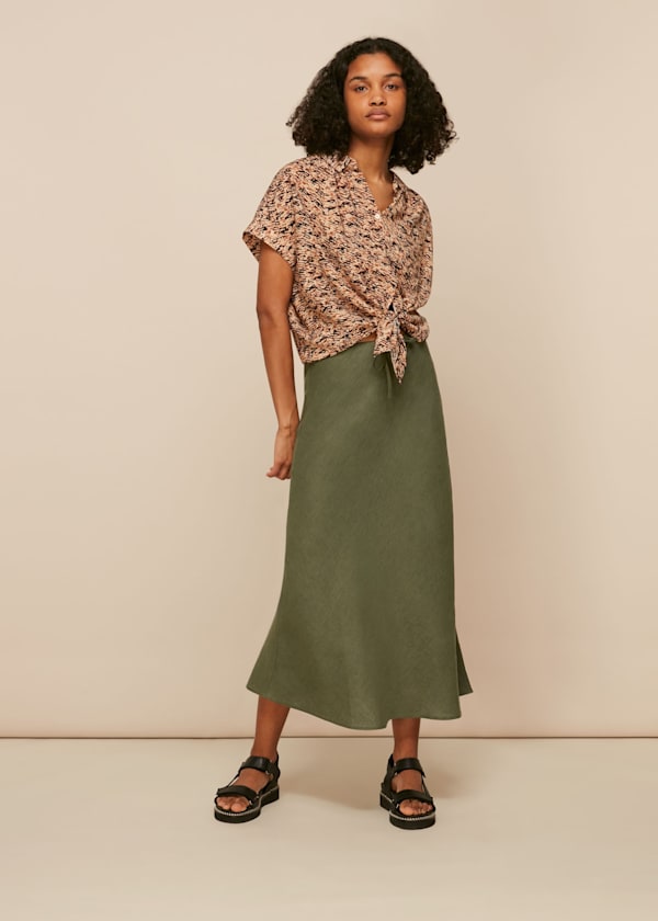 Khaki Linen Bias Cut Skirt