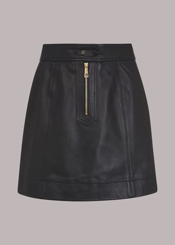 Black Zip Front Detail Leather Skirt