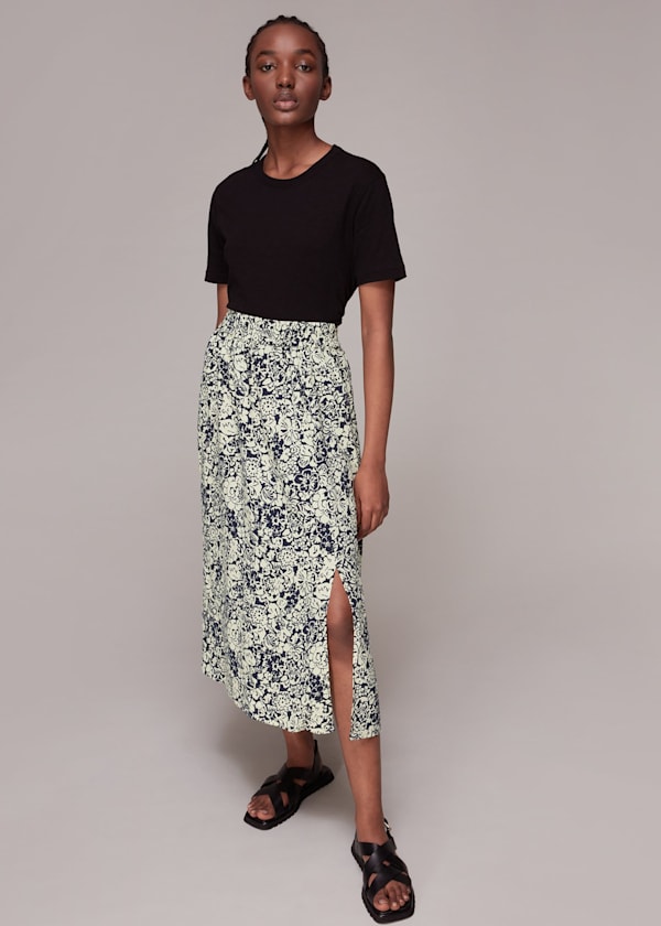 Navy Graphic Floral Pull On Skirt