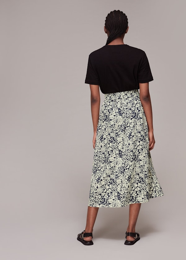 Navy Graphic Floral Pull On Skirt