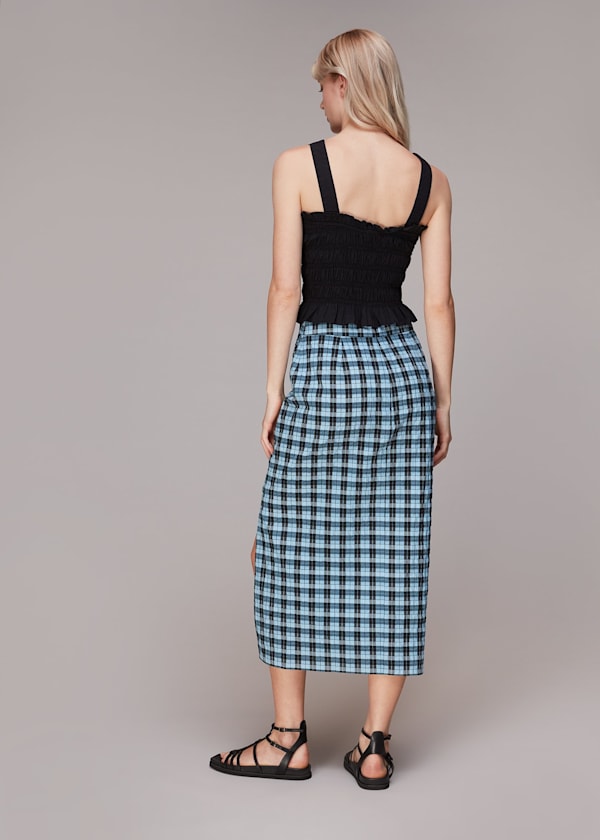 Blue Gingham Ruched Front Skirt