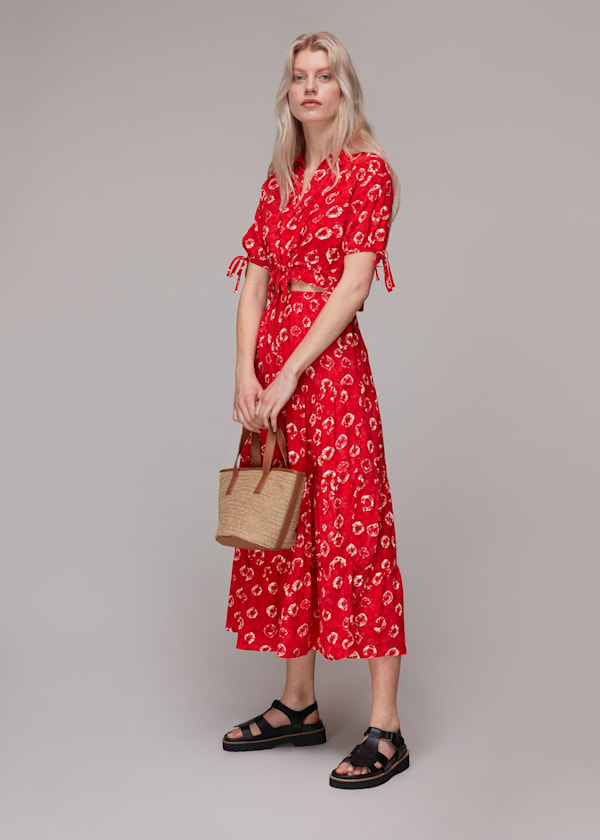 Red Tie Dye Floral Tiered Skirt