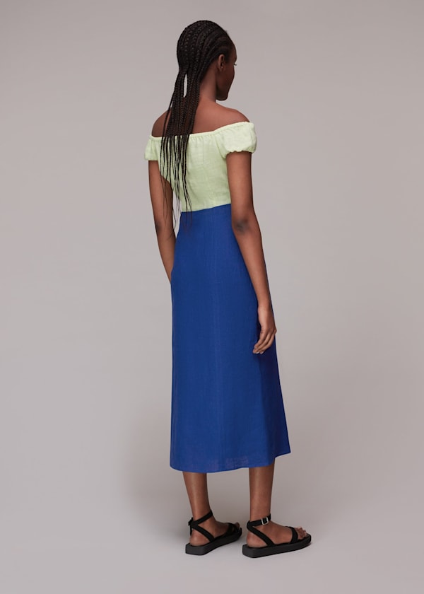 Blue Button Front Linen Skirt