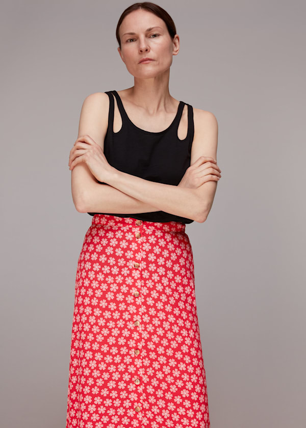 Red Daisy Check Button Front Skirt