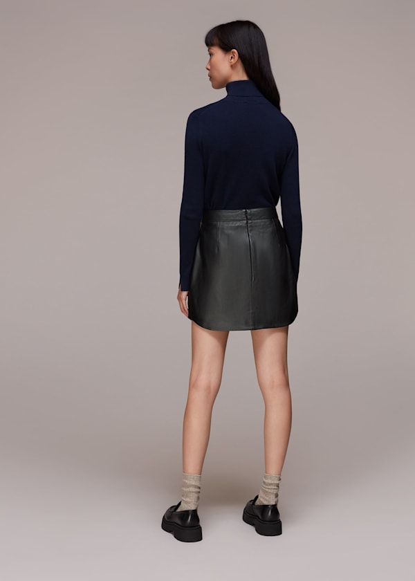Black Leather Curved Hem Mini Skirt