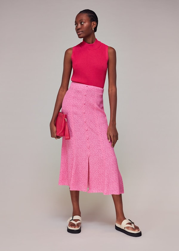 Pink Diagonal Fleck Button Skirt