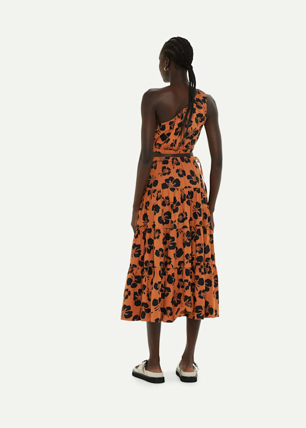 Brown Tropical Floral Tiered Skirt