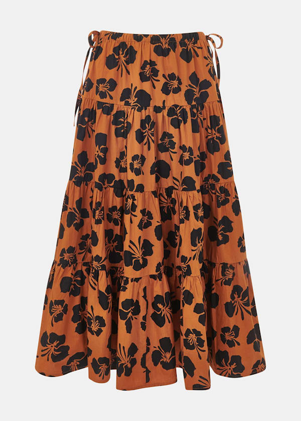 Brown Tropical Floral Tiered Skirt