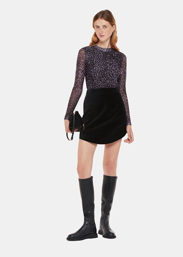 Black Velvet Curved Hem Mini Skirt