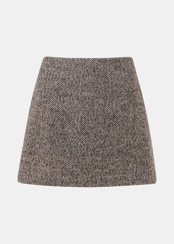 Brown Herringbone Wool Mini Skirt