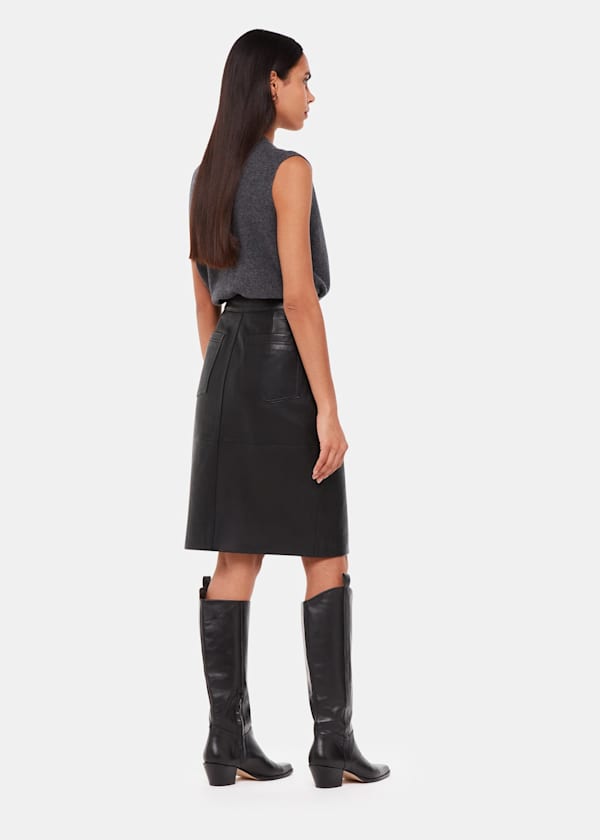 Black Leather Front Split Midi Skirt